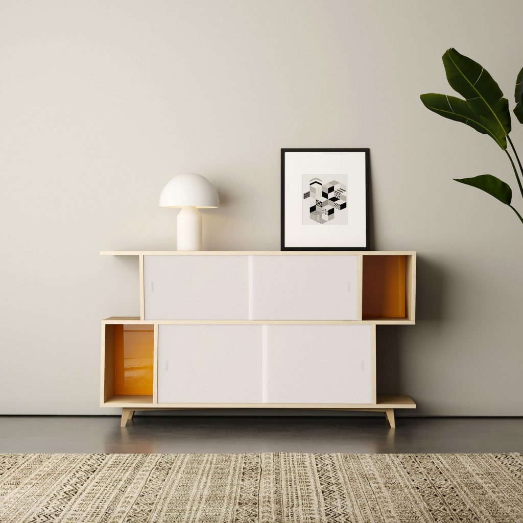 SIDEBOARD S*2 features front and back sliding doors in inviting color tones