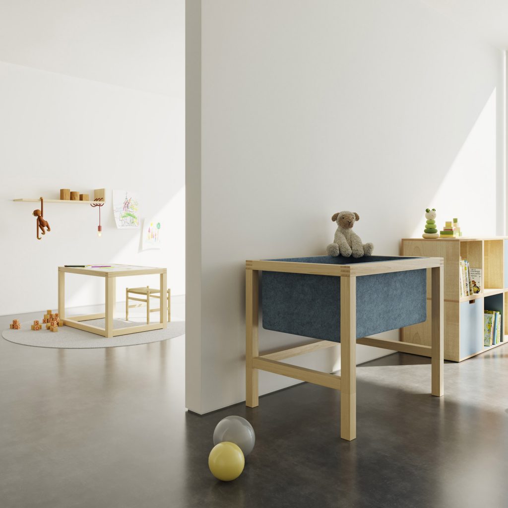 N+L CONVERTIBLE SERIES consists of a baby cradle and a height adjustable drawing table